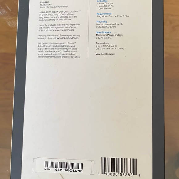 New Ring Solar Charger for Ring Video Doorbell 3 and 3 Plus - Picture 2 of 2